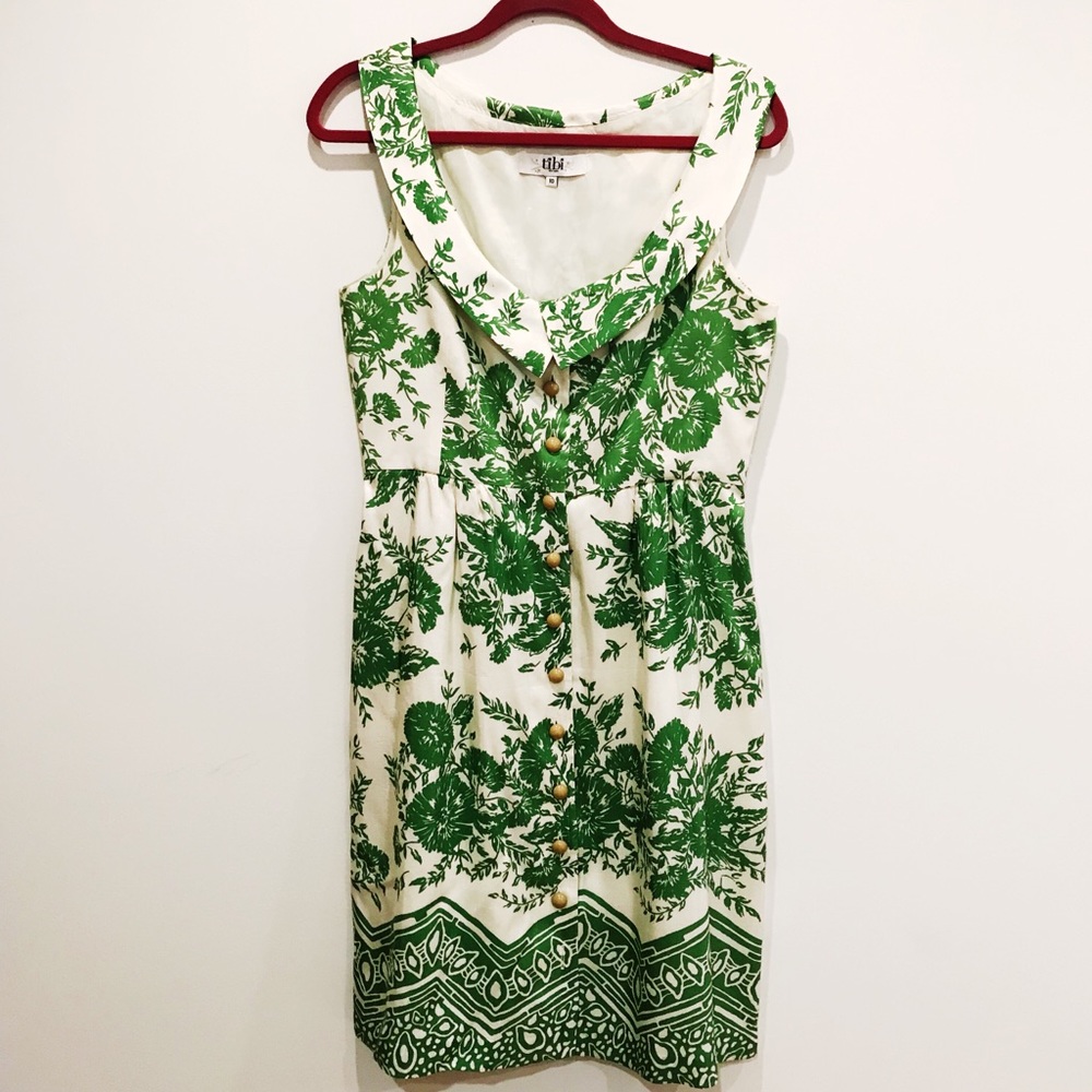 TIBI ||| GREEN & WHITE SILK COCKTAIL DRESS